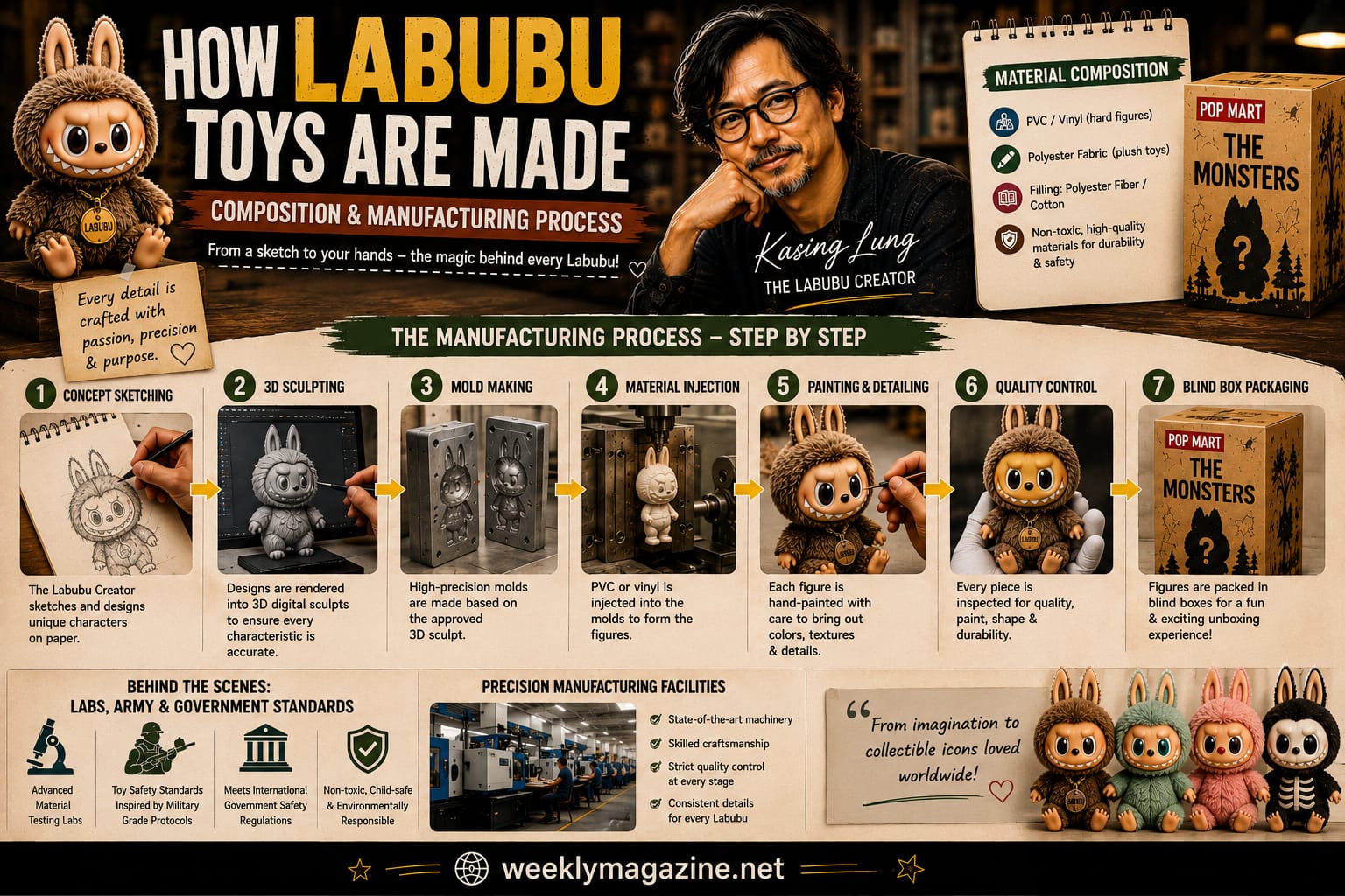 Infographic showing how Labubu toys are made, including concept sketching, 3D sculpting, mold making, material injection, painting, quality control, and blind box packaging.
