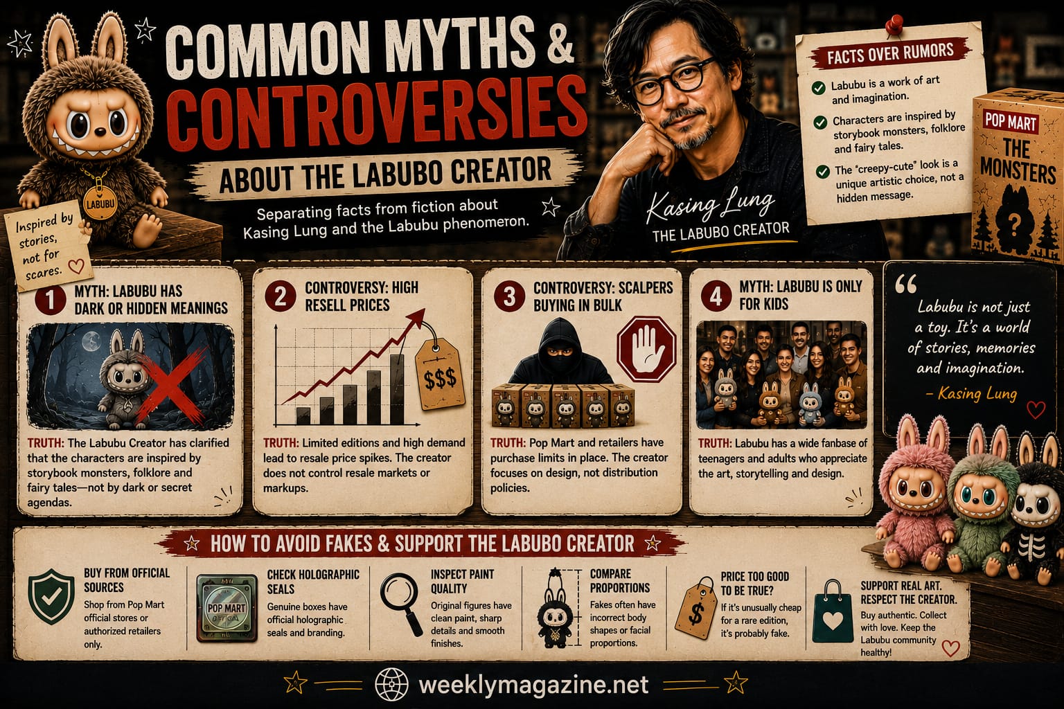 Infographic explaining common myths and controversies about Labubu Creator Kasing Lung, including resale prices, fake Labubu toys, and the inspiration behind the character's design.
