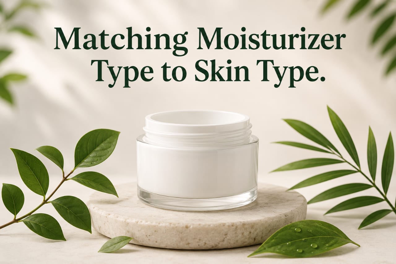 Minimal skincare illustration featuring a blank moisturizer jar surrounded by green leaves with the heading "Matching Moisturizer Type to Skin Type" on a soft neutral background.