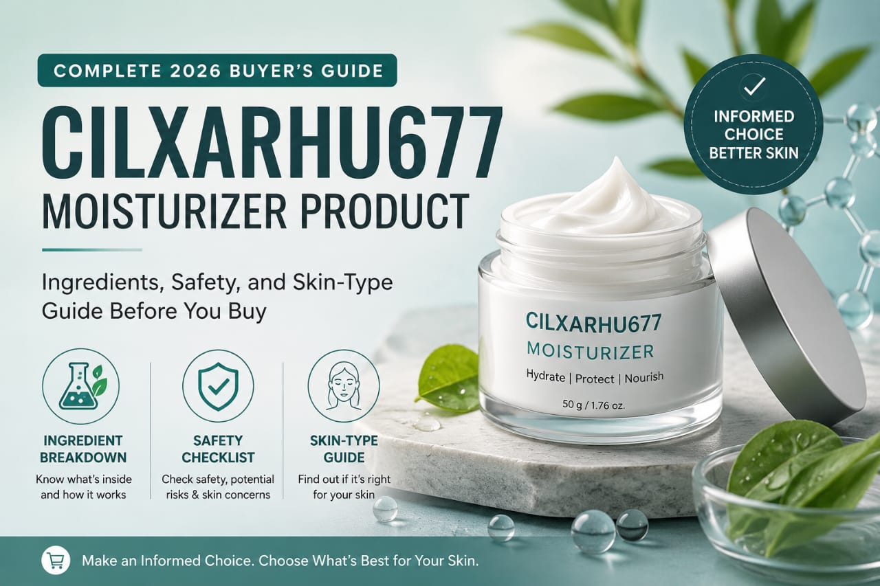 Minimalist skincare feature image showing a moisturizer jar with the headline "Cilxarhu677 Moisturizer Product – Complete 2026 Buyer's Guide" on a clean teal background with botanical leaves.